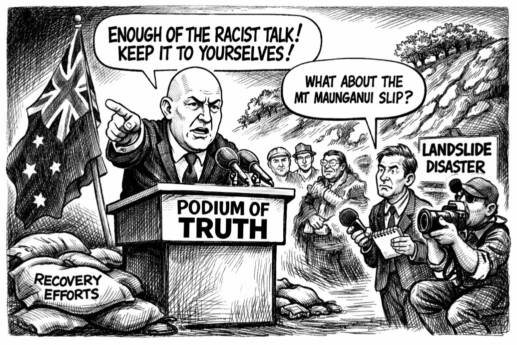 Luxon’s ‘podium of truth’: PM moves to defend iwi as scrutiny grows over Mount Maunganui slip